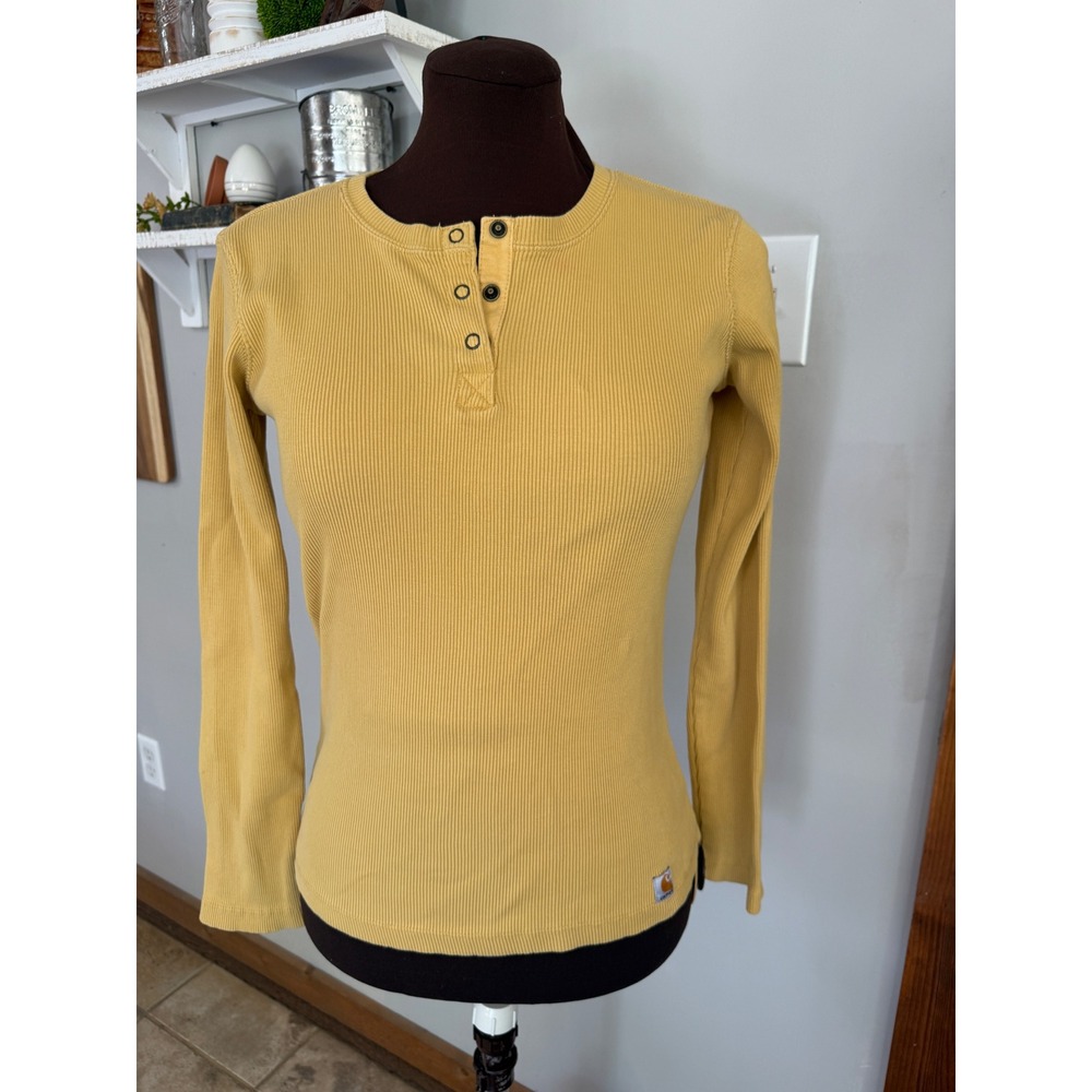 Carhartt Women Mustard Yellow Ribbed Henley Long Sleeve Snap‎ Neck Shirt Small